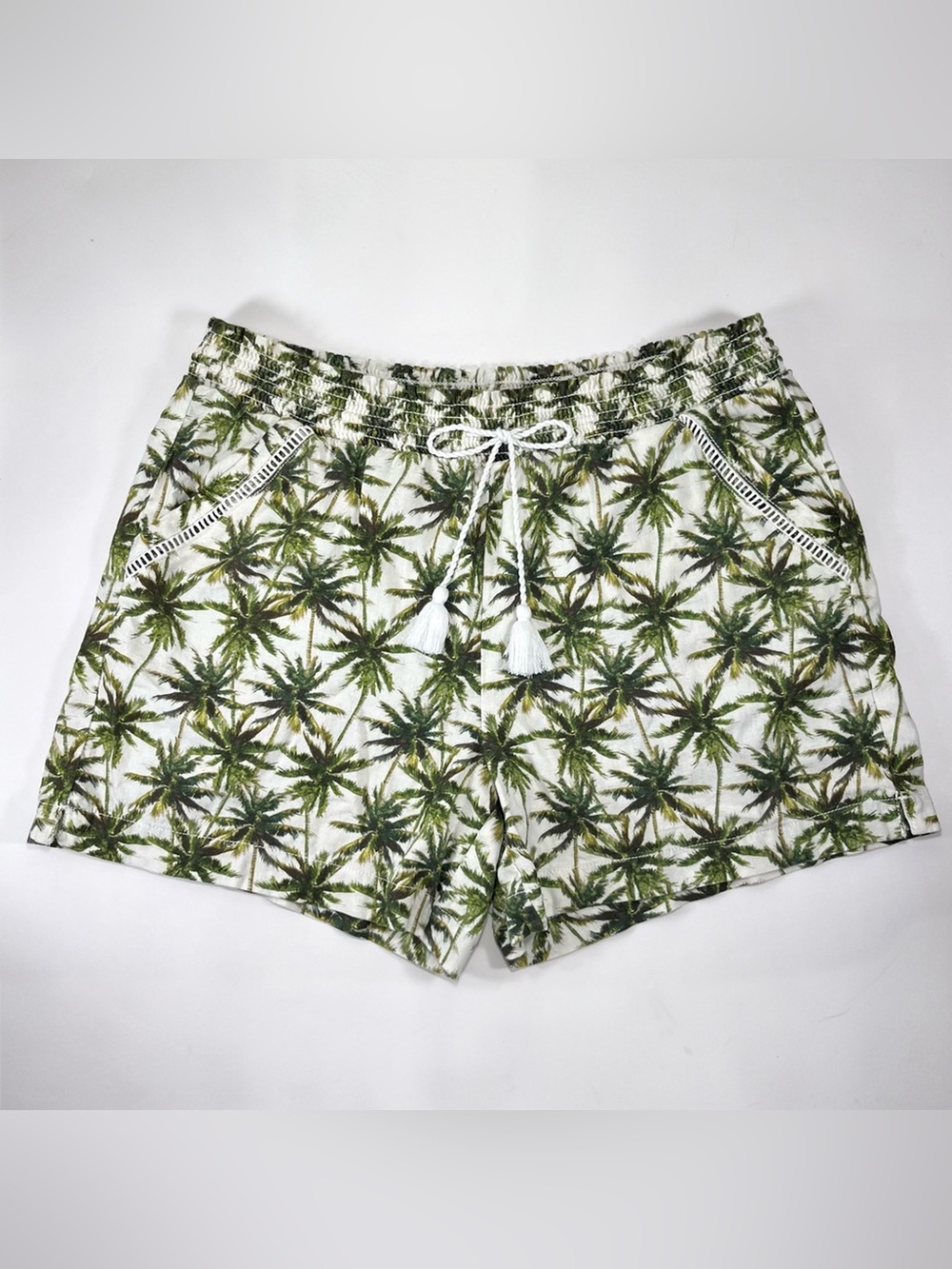 Briggs Shorts Womens XL Palm Tree Print Linen Blend Drawstring Pockets Summer